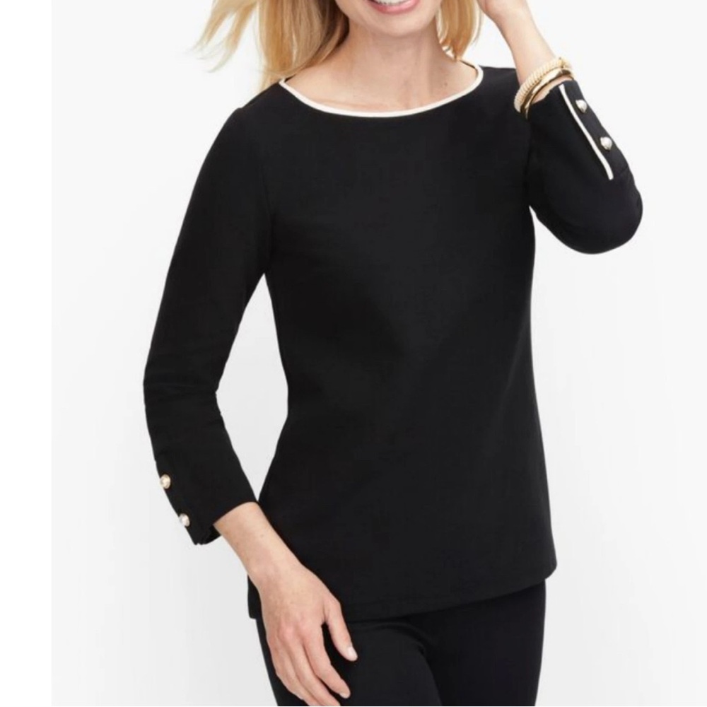 NWT Talbots Black Quarter Sleeve Top Pearl Button Accents Piping at Neck Size 1X